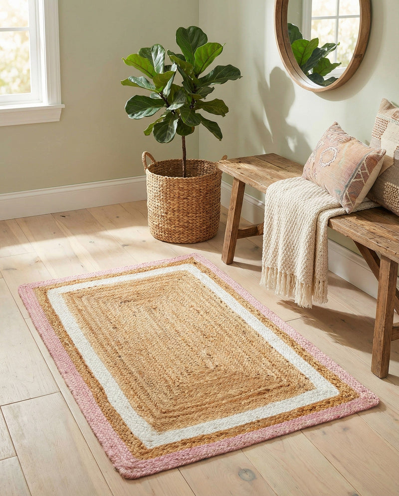 Woven Seaside Jute Collection Area Rug - Nantucket Rectangle Pink White Natural  lifestyle 13