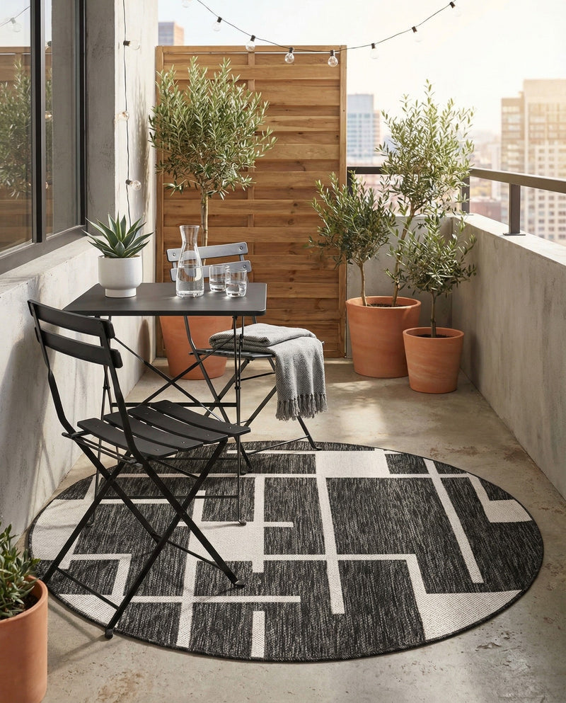 Urban Terrace Collection Area Rug -  Parkside Round Black and White  lifestyle 28