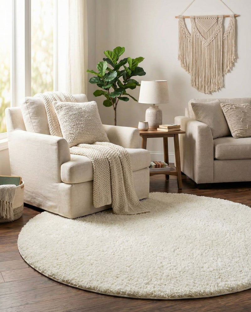 Cozy Comfort Shag Collection Area Rug - Haven (White) Round White  lifestyle 48