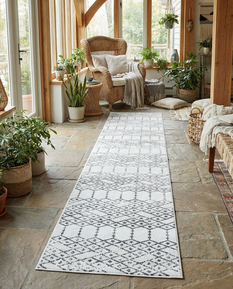 Marrakesh Lattice Collection Area Rug - Casablanca (Ivory Black) Runner Ivory Black  lifestyle 60