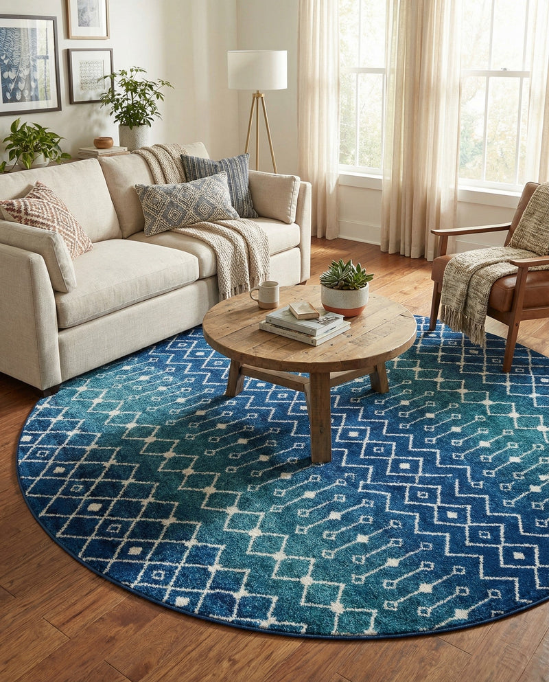 Mediterranean Lattice Collection Area Rug - Santorini (Navy and Teal) Round Navy and Teal  lifestyle 48