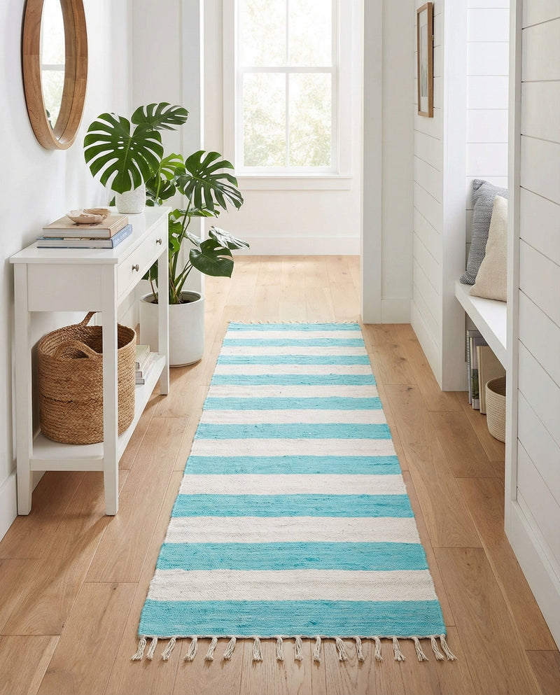 Tassel Trail Collection Area Rug - Pathway (Turquoise and Ivory) Runner Turquoise and Ivory  lifestyle 54