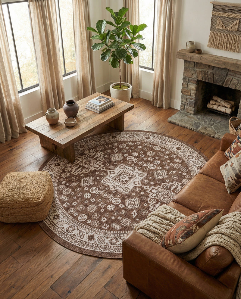 Tribal Terrace Treasures Collection Area Rug -  Incan Isle (Brown) Round Brown  lifestyle 81