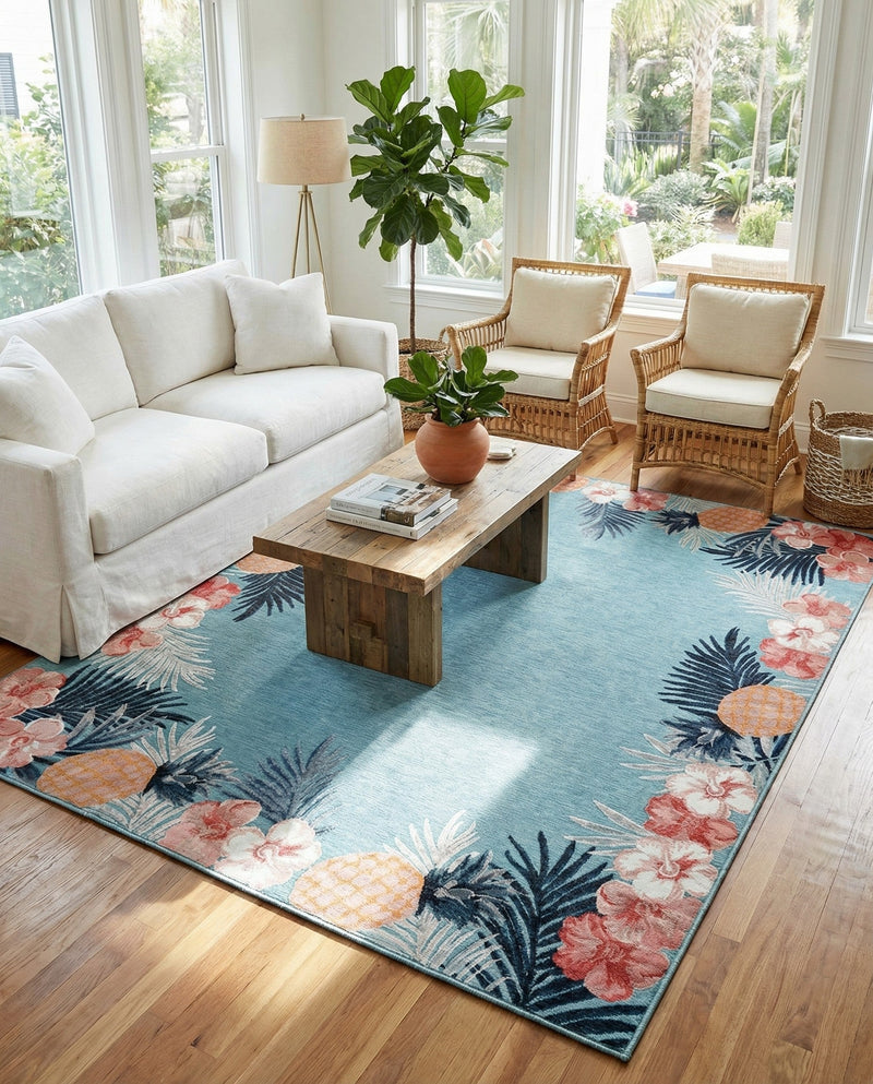 Seaside Blooms Collection Area Rug - Haven Rectangle Blue  lifestyle 32
