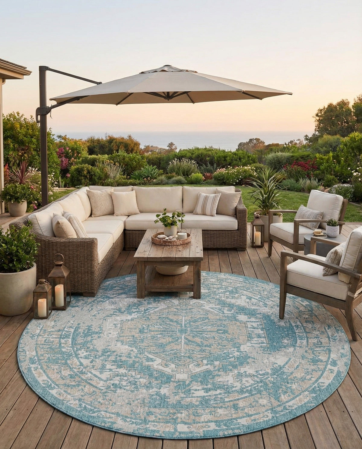 Patio Heritage Collection Area Rug -  Augusta (Aqua) Round Aqua  lifestyle 86