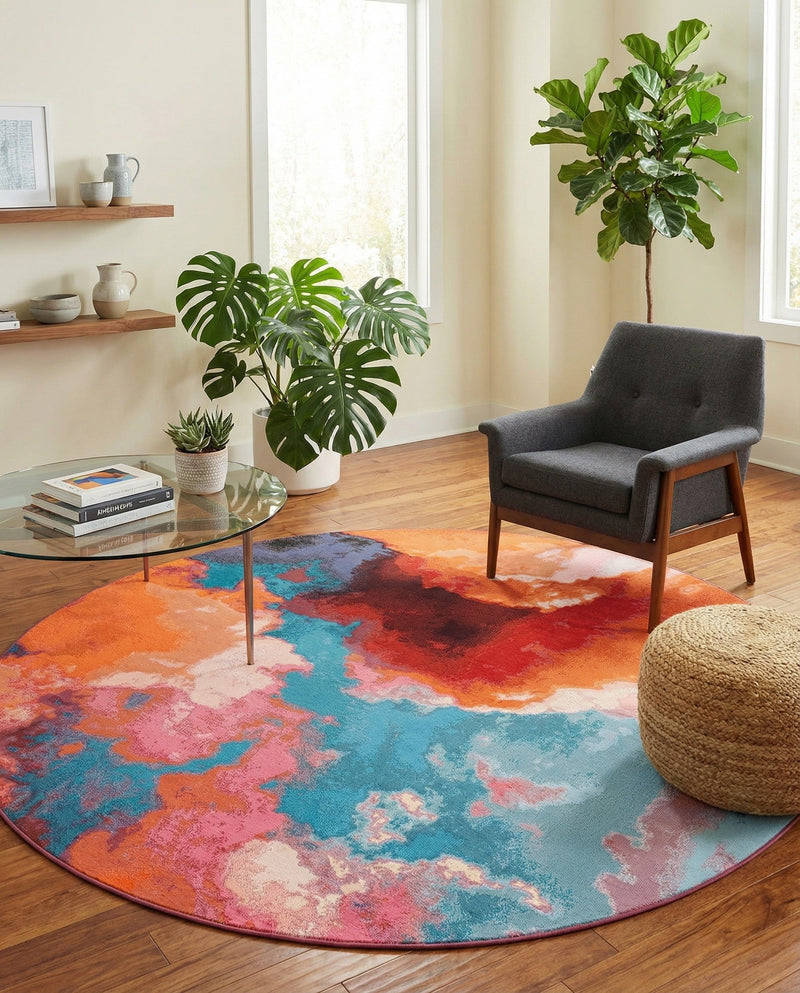 Urban Terrace Collection Area Rug -  Patio Round Gray and Pink  lifestyle 74