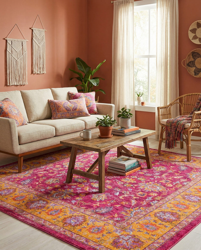 Casablanca Tapestry Collection Area Rug -  Marrakech (Berry Pink) Square Berry Pink  lifestyle 26
