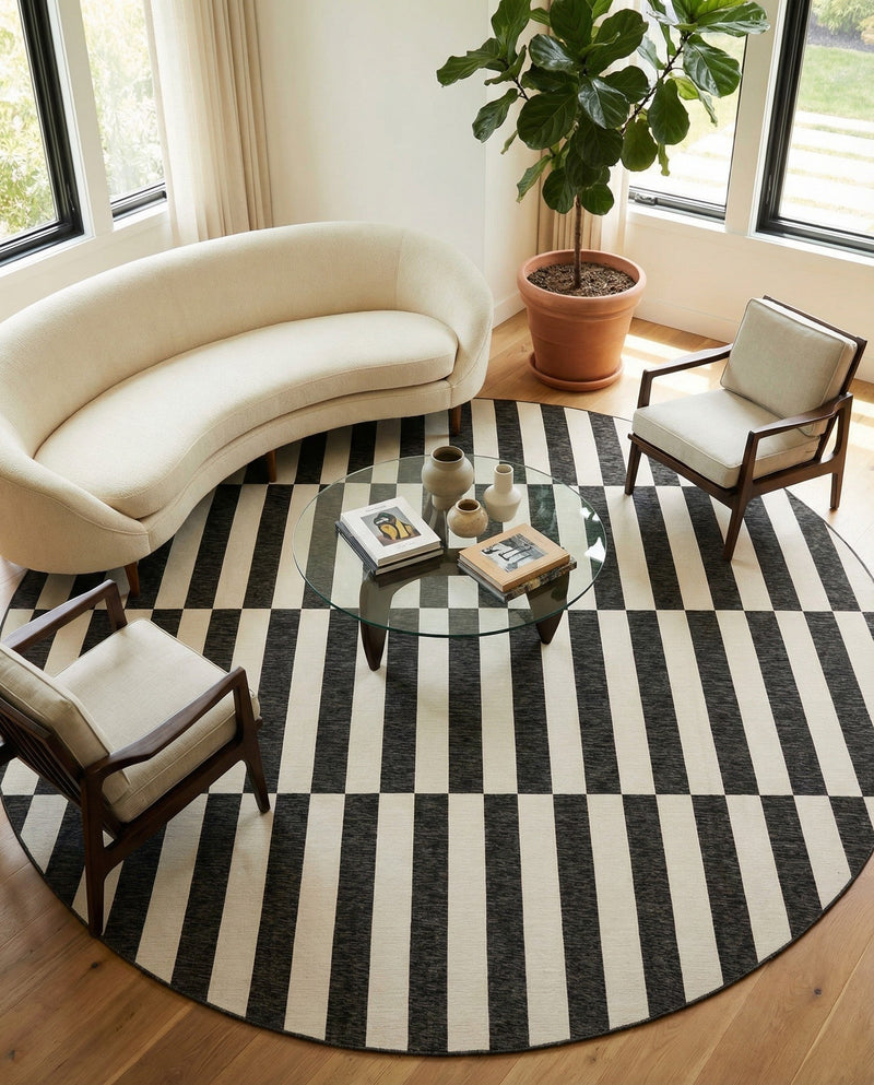 Seaside Stripes Collection Area Rug - Cabana (Charcoal) Round Charcoal  lifestyle 34