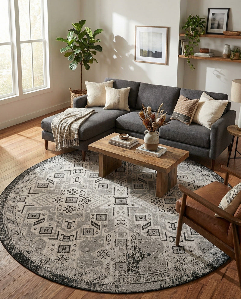 Tribal Terrace Treasures Collection Area Rug - Mayan Marina (Charcoal Gray) Round Charcoal Gray  lifestyle 51