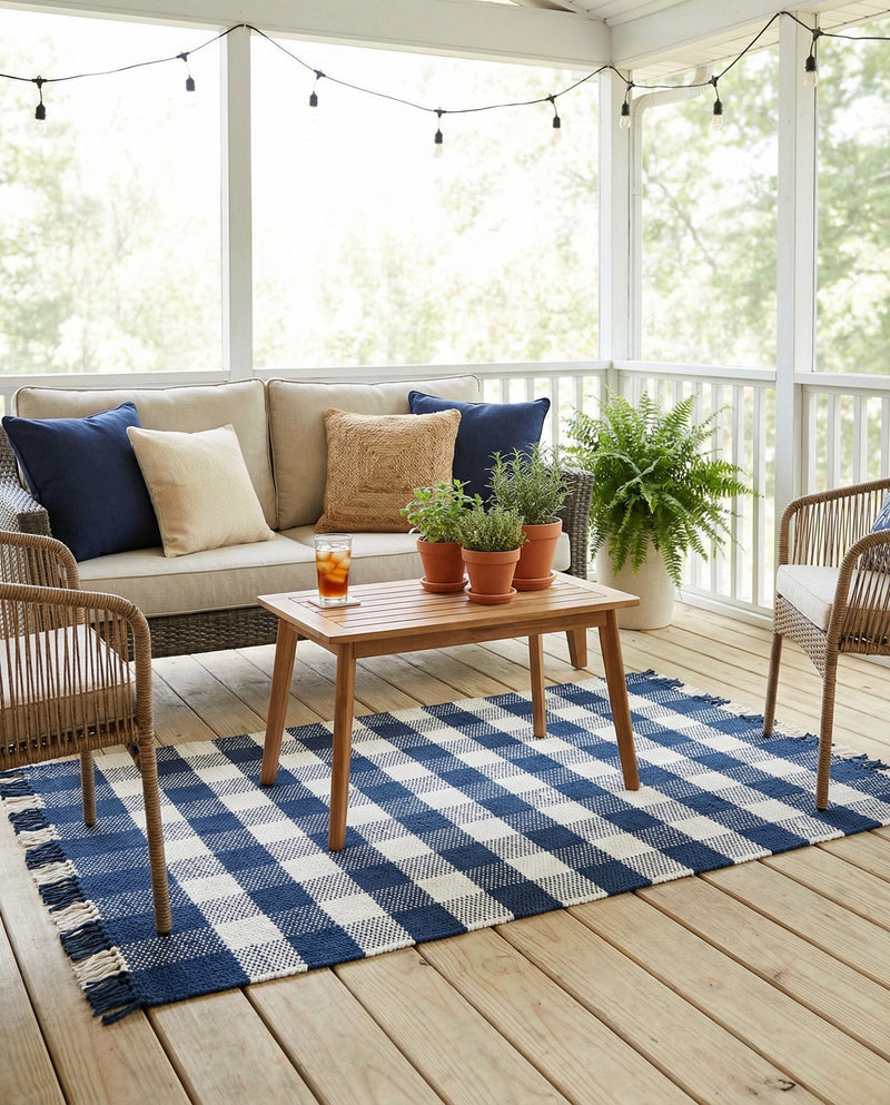 Sustainable Grid Indoor-Outdoor Oasis Collection Area Rug - Savannah Rectangle Navy Blue  lifestyle 40
