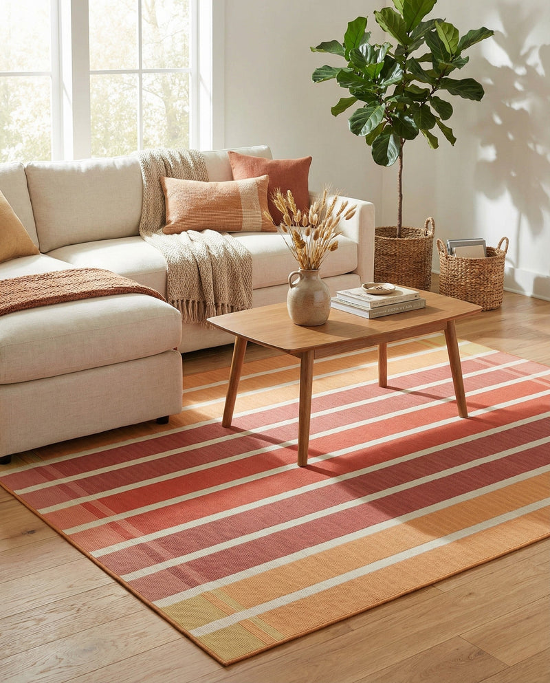 Seaside Stripes Collection Area Rug -  Coral Rectangle Peach and Salmon  lifestyle 33