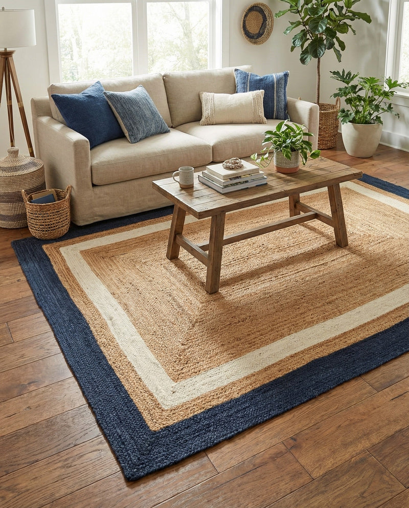 Woven Seaside Jute Collection Area Rug - Nantucket Rectangle Navy Blue White Natural  lifestyle 39