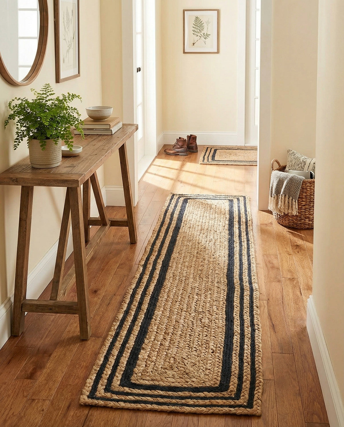 Woven Seaside Jute Collection Area Rug - Nantucket Table Runner Natural and Navy Blue  lifestyle 113