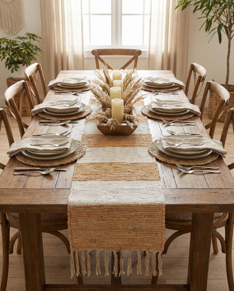 Tassel Trail Collection Area Rug - Pathway (Beige) Table Runner Beige  lifestyle 49