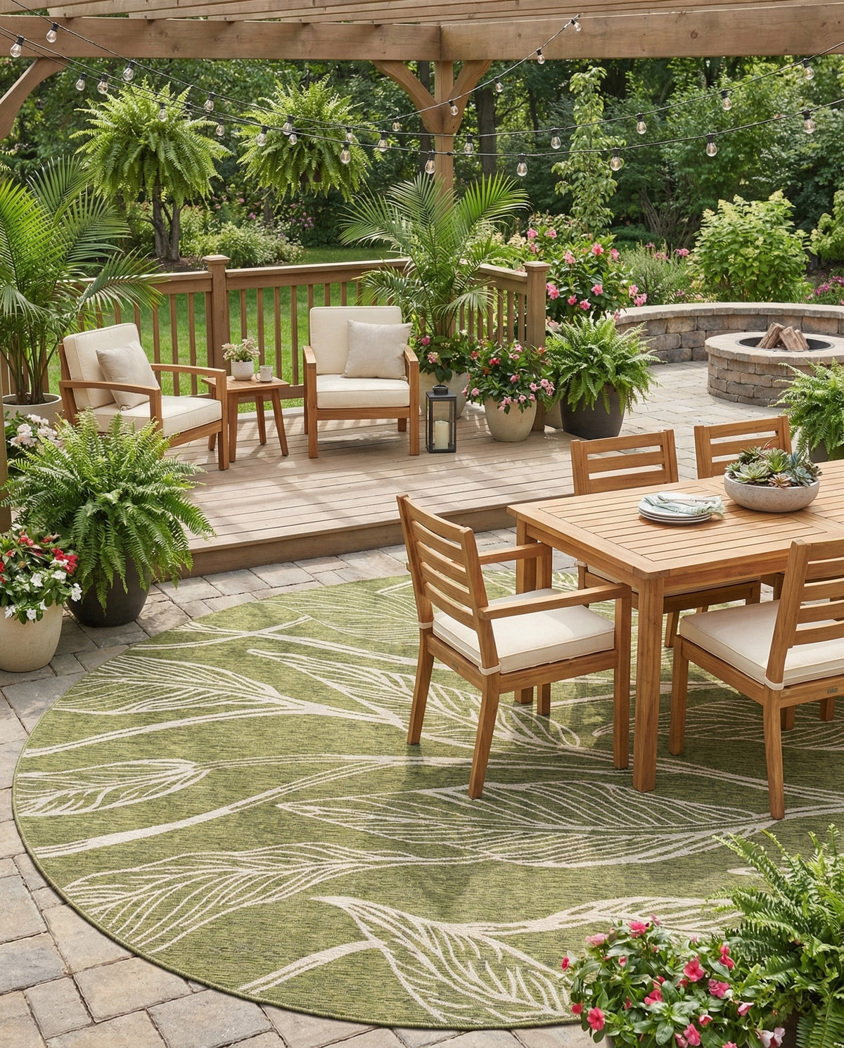 Seaside Blooms Collection Area Rug -  Evergreen (Green) Round Green  lifestyle 59
