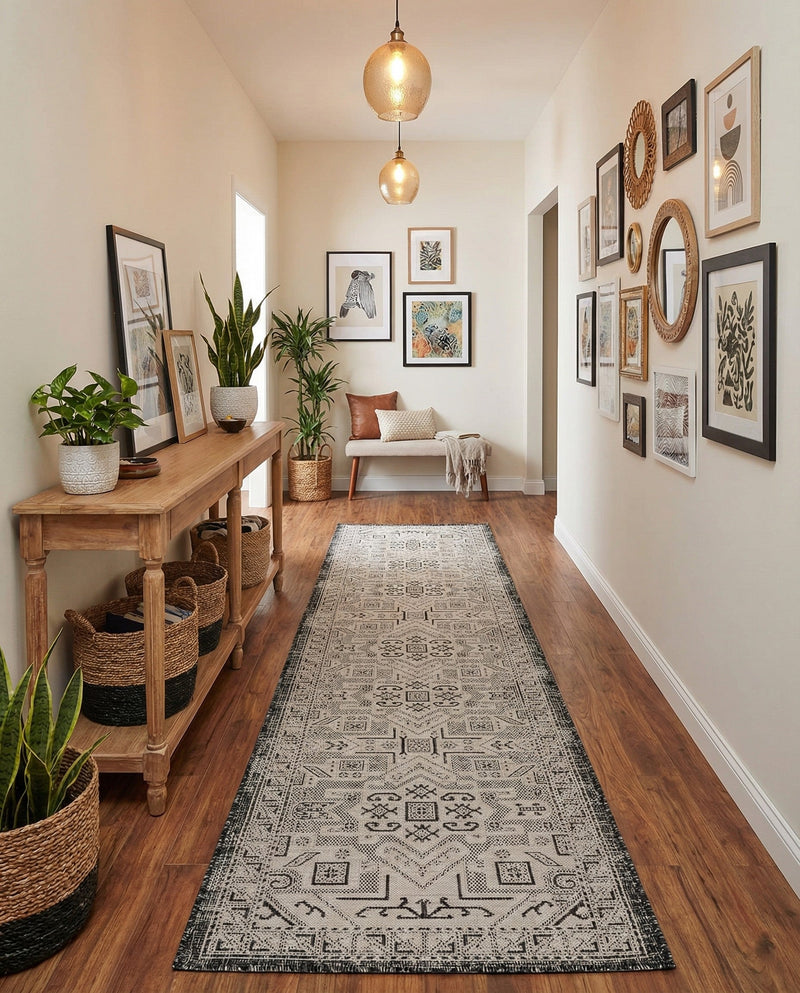 Tribal Terrace Treasures Collection Area Rug - Mayan Marina (Charcoal Gray) Runner Charcoal Gray  lifestyle 61