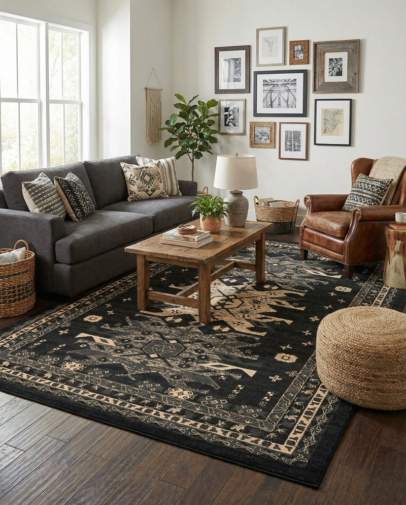 Tabriz Tapestries Collection Area Rug - Azerbaijan (Black) Rectangle Black  lifestyle 17