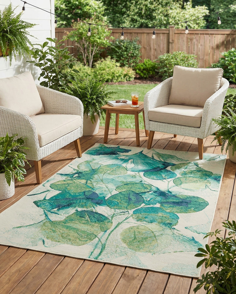 Seaside Blooms Collection Area Rug -  Flora Rectangle Blue Green  lifestyle 15