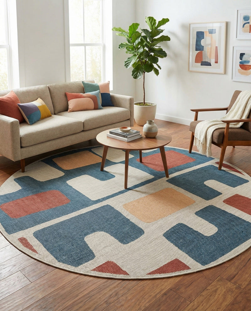 Coastal Terrace Collection Area Rug -  Sail Round Ivory and Blue  lifestyle 58
