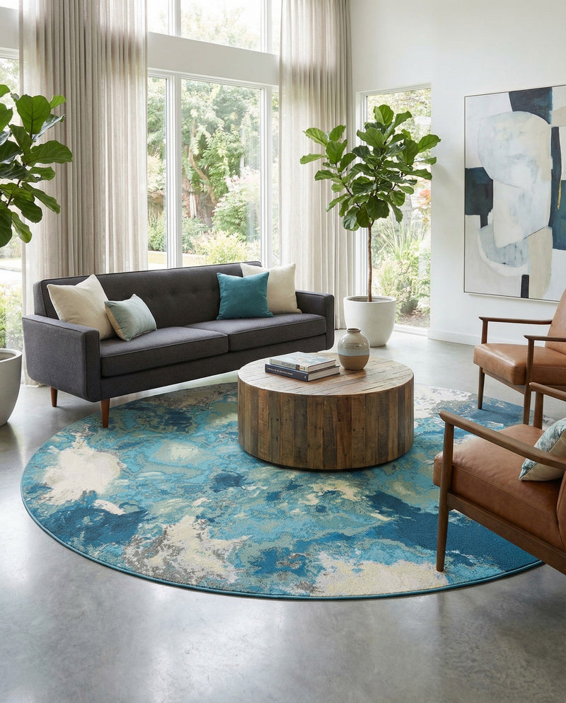 Urban Terrace Collection Area Rug -  Gazebo Round Blue and Ivory  lifestyle 32
