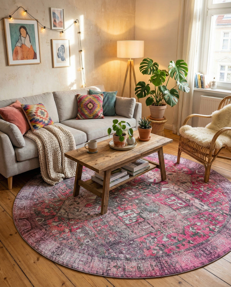 Heritage Elegance Collection Area Rug -  Windsor (Pink) Round Pink  lifestyle 48