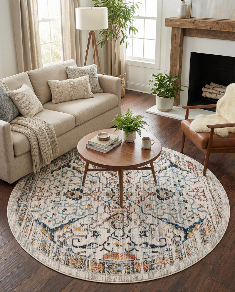 Seville Stripes Collection Area Rug -  Malaga (Ivory) Round Ivory  lifestyle 44