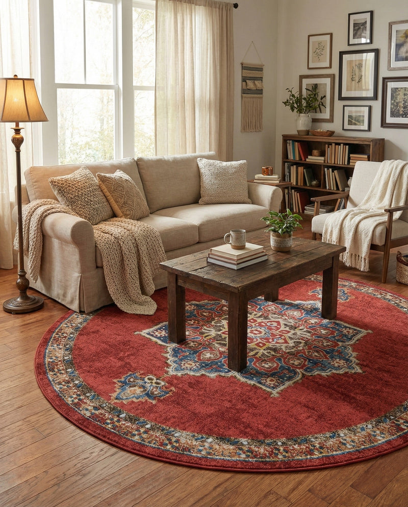 Eden Oasis Collection Area Rug -  Tranquility (Burgundy) Round Burgundy  lifestyle 53