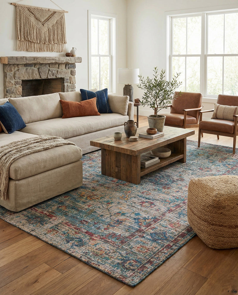 Savannah Threads Collection Area Rug - Tybee Rectangle Teal blue  lifestyle 8