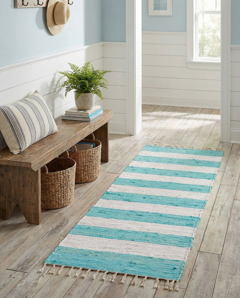 Tassel Trail Collection Area Rug - Pathway (Turquoise and Ivory) Runner Turquoise and Ivory  lifestyle 57