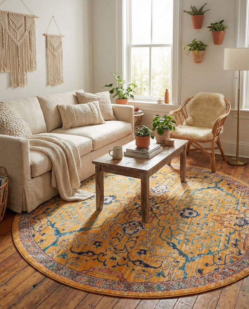 Seville Stripes Collection Area Rug -  Malaga (Yellow) Round Yellow  lifestyle 21