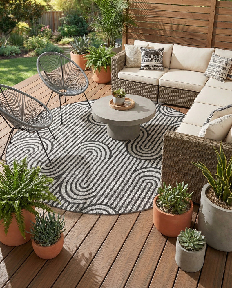 Urban Terrace Collection Area Rug -  Uptown Round Black and White  lifestyle 50