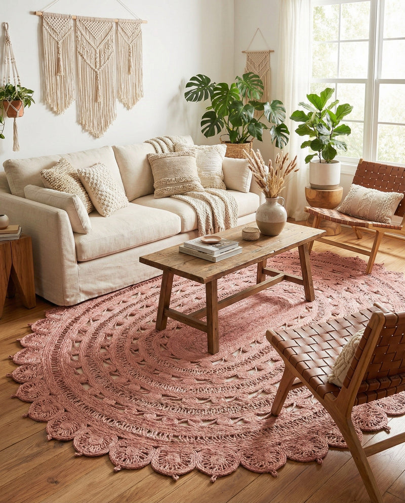 Woven Seaside Jute Collection Area Rug - Coastalhaven (Pink) Oval Pink  lifestyle 12