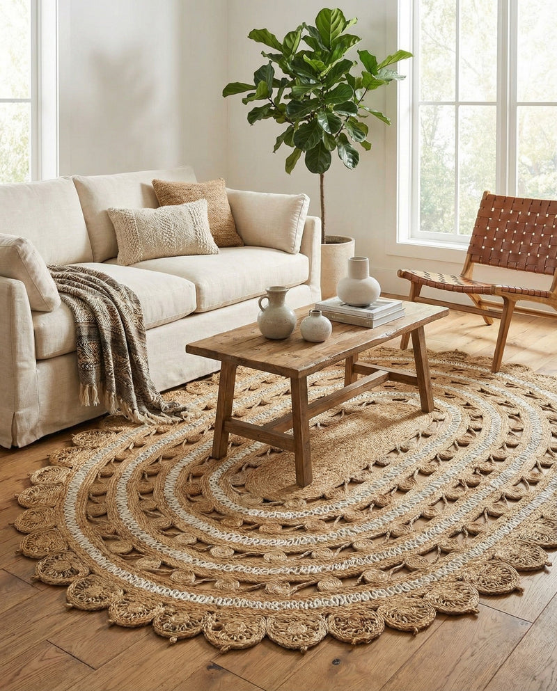 Woven Seaside Jute Collection Area Rug - Coastalhaven (Natural and White) Oval Natural and White  lifestyle 36