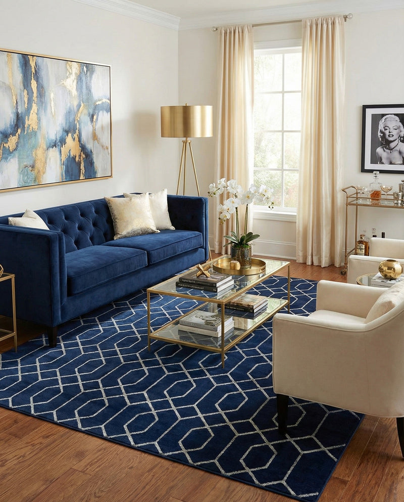 Hollywood Luxe Collection Area Rug - Sunset (Navy Blue Silver) Rectangle Navy Blue Silver  lifestyle 17