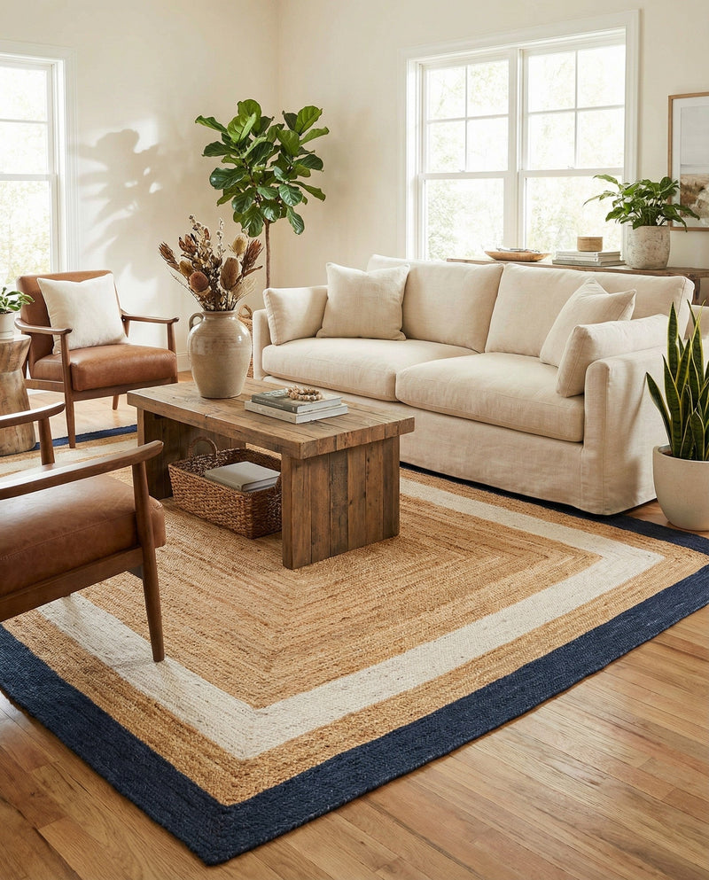 Woven Seaside Jute Collection Area Rug - Nantucket Rectangle Navy Blue White Natural  lifestyle 14