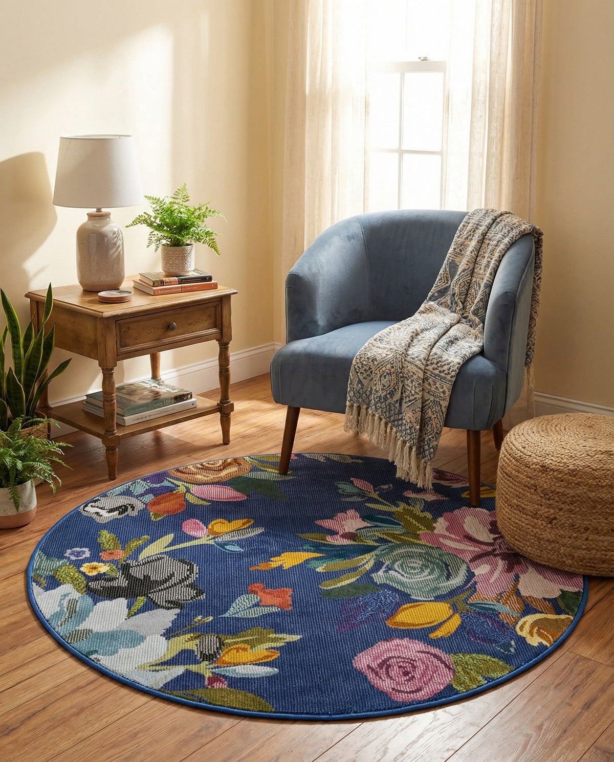 Meadow Breeze Collection Area Rug - Wildflower Round Blue  lifestyle 157