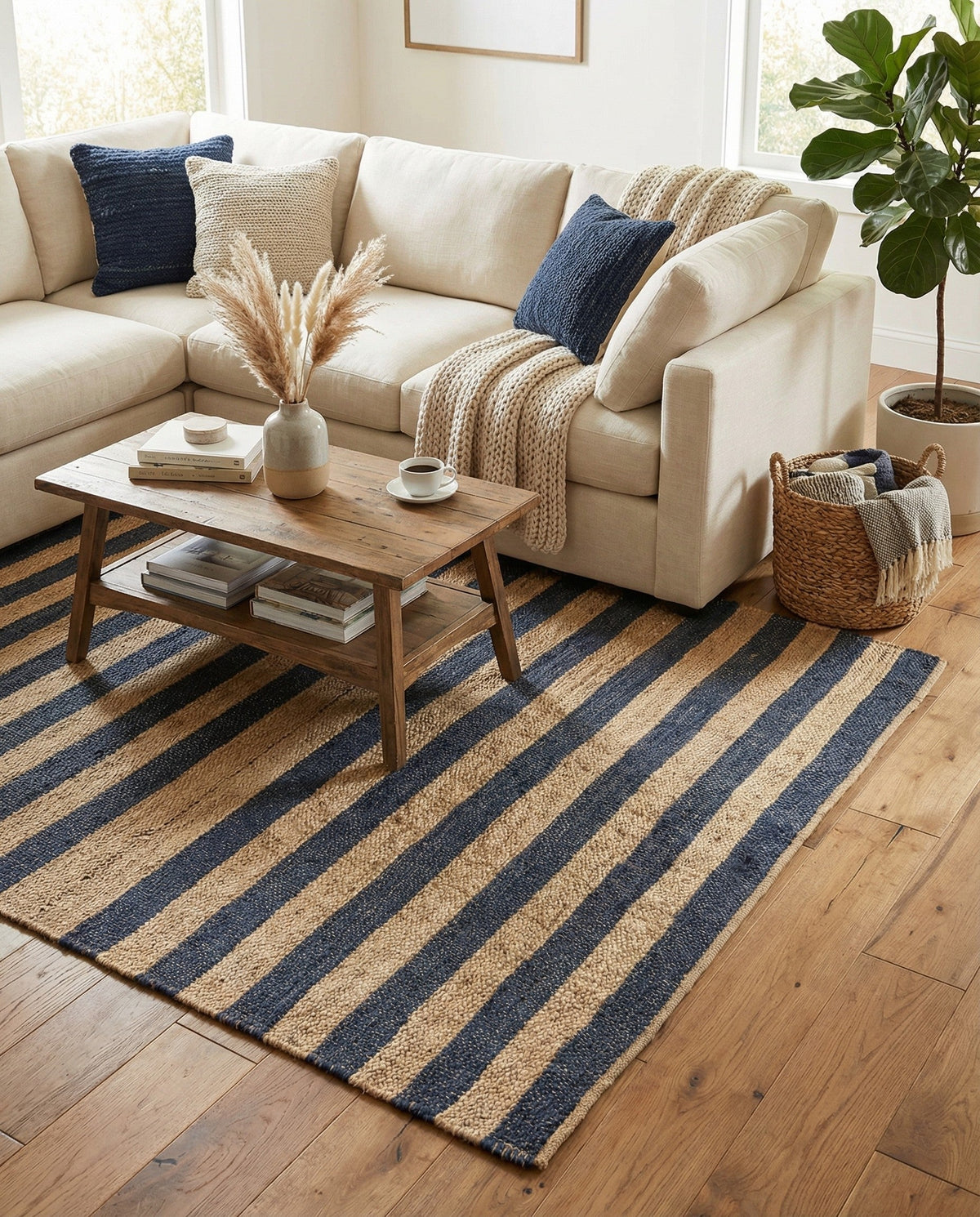 Woven Seaside Jute Collection Area Rug - Nantucket Rectangle Navy Ivory  lifestyle 17