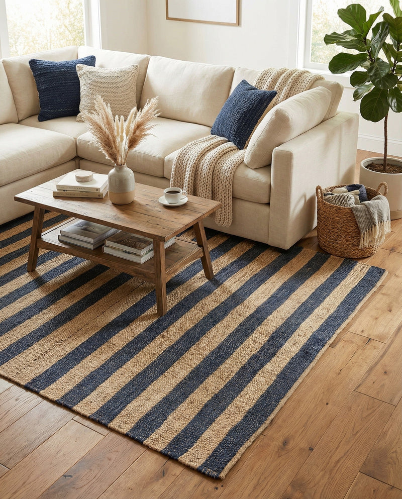 Woven Seaside Jute Collection Area Rug - Nantucket Rectangle Navy Ivory  lifestyle 17