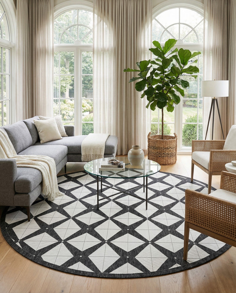 Urban Terrace Collection Area Rug -  Hudson Round Black and White  lifestyle 71
