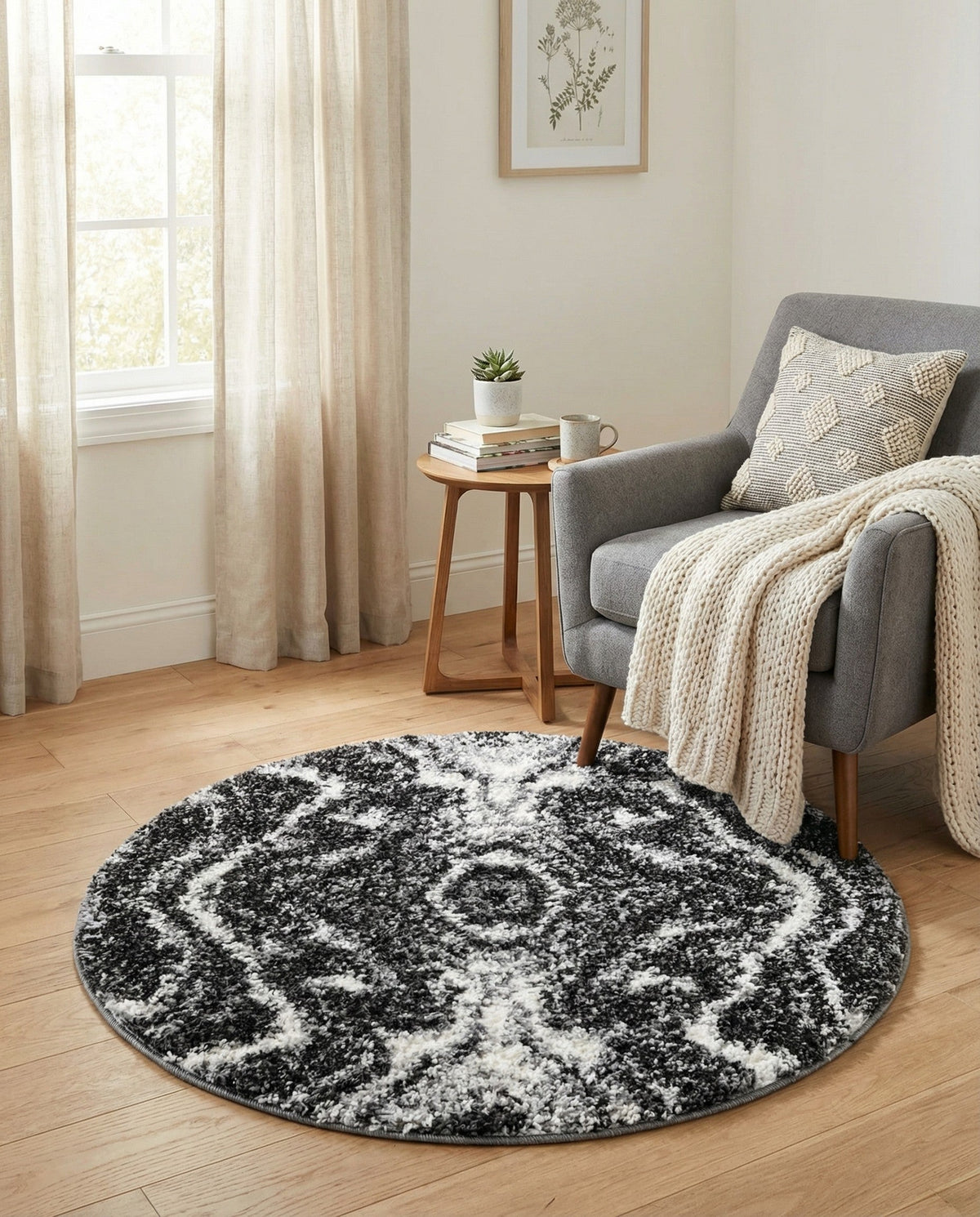 Cozy Cove Shag Collection Area Rug -  Seabreeze Round Black and White  lifestyle 60