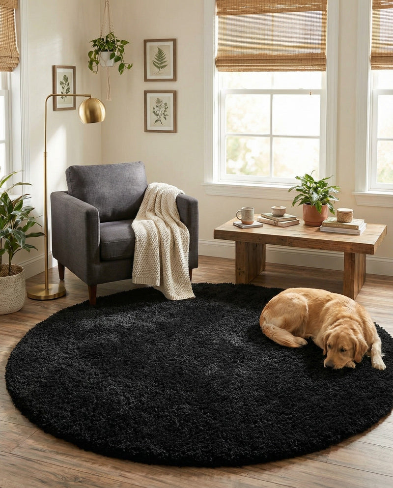 Plush Oasis Collection Area Rug - Serenity (Jet Black) Round Jet Black  lifestyle 46