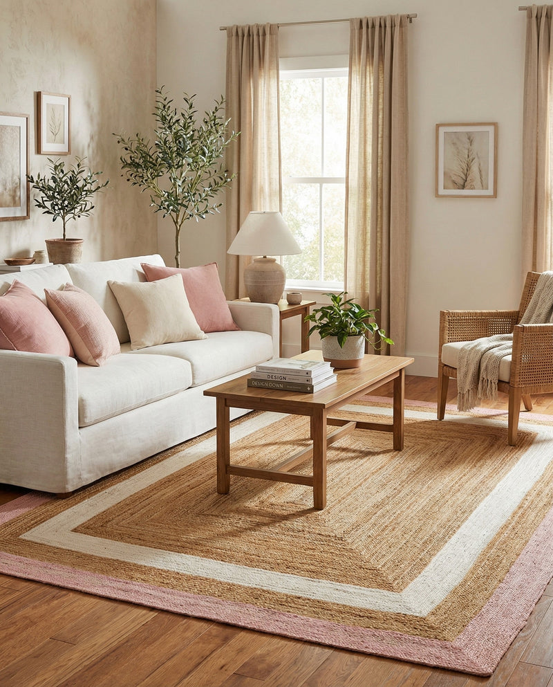 Woven Seaside Jute Collection Area Rug - Nantucket Rectangle Pink White Natural  lifestyle 29