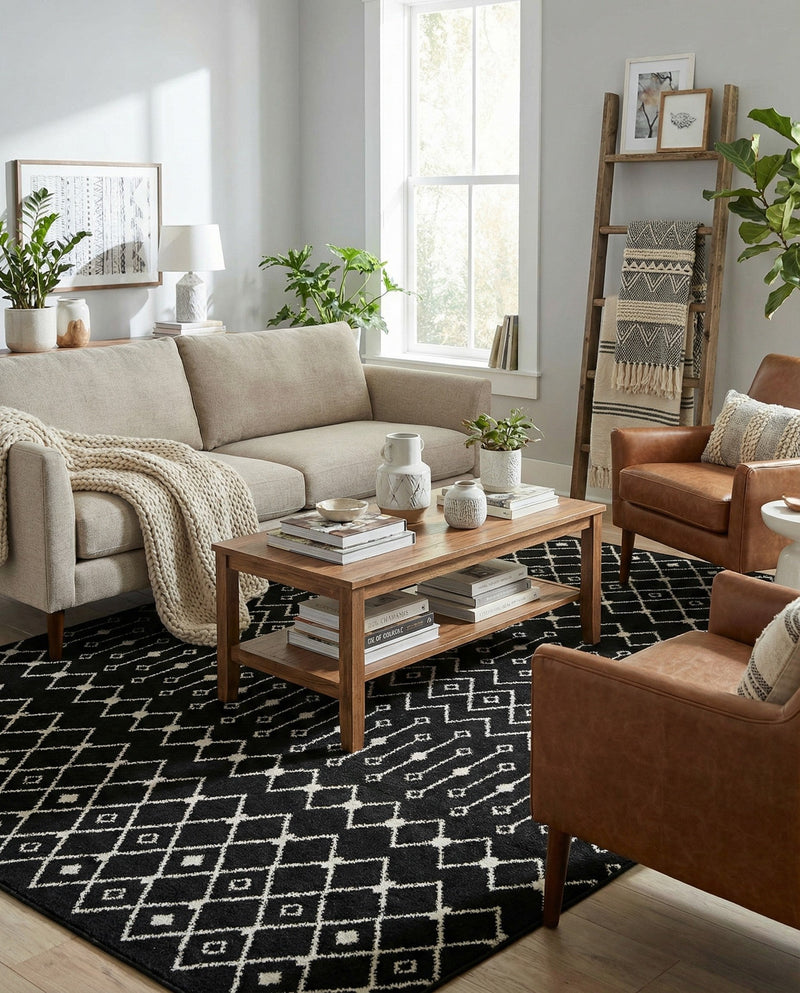 Mediterranean Lattice Collection Area Rug - Santorini (Black and White) Rectangle Black and White  lifestyle 7