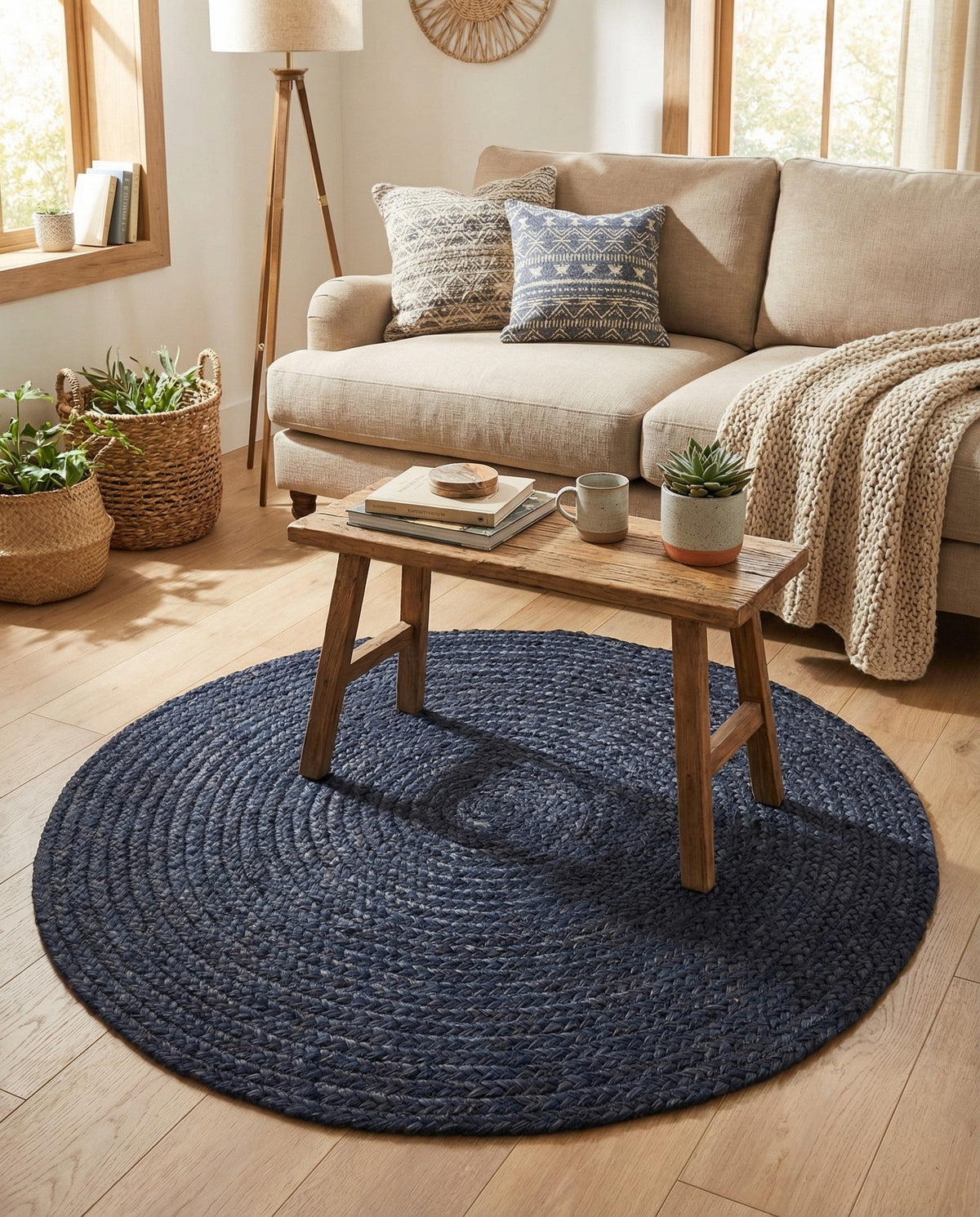 Woven Seaside Jute Collection Area Rug - Savannah (Navy Blue) Round Navy Blue  lifestyle 100