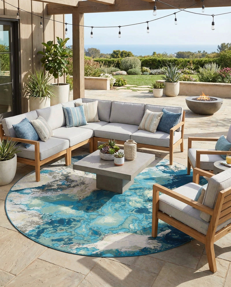 Urban Terrace Collection Area Rug -  Gazebo Round Blue and Ivory  lifestyle 33