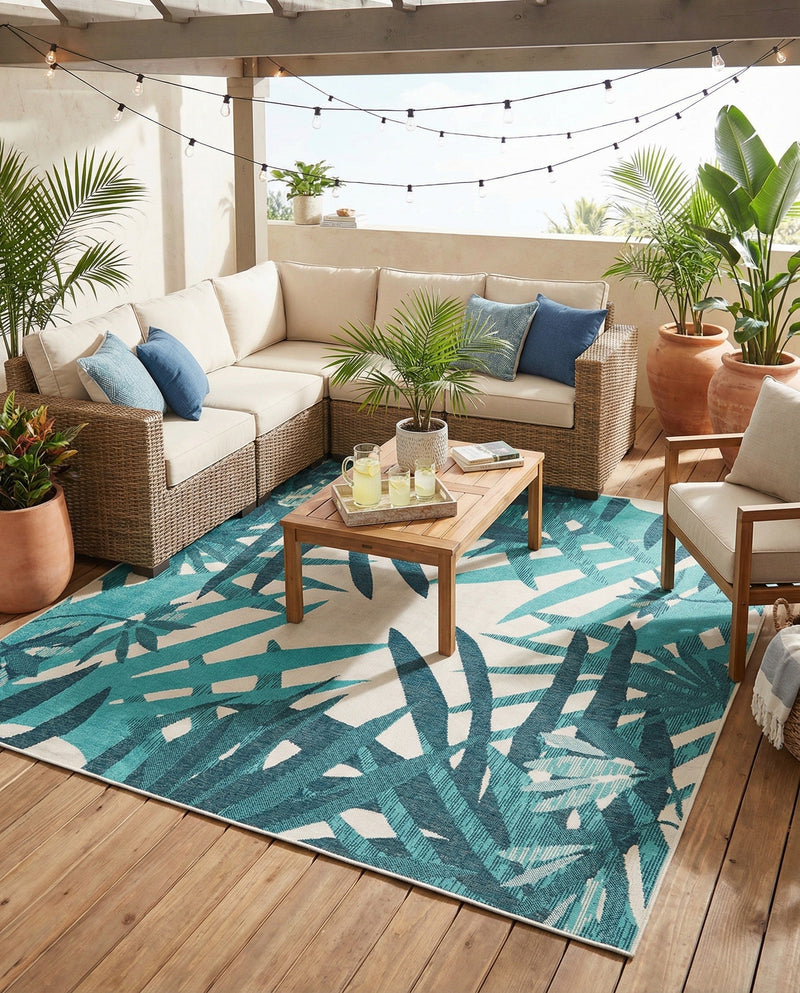 Seaside Blooms Collection Area Rug -  Provence Square Teal blue  lifestyle 74