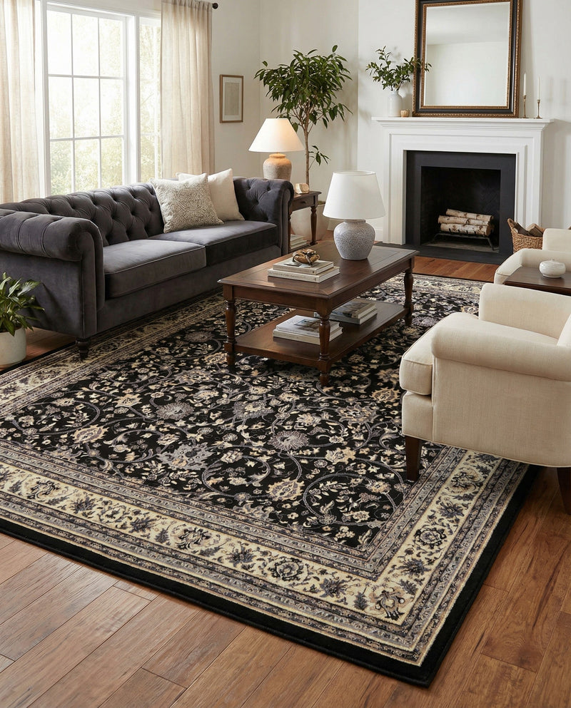 Isfahan Elegance Collection Area Rug - Naghsh-e Jahan (Black) Rectangle Black  lifestyle 46
