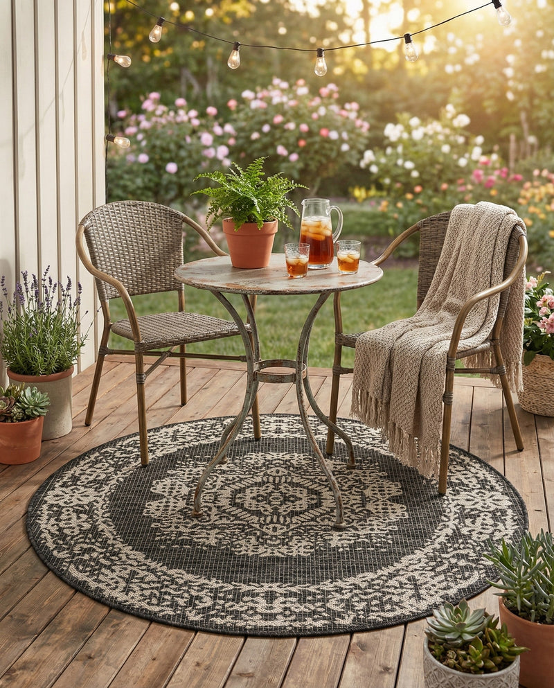 Patio Heritage Collection Area Rug - Savannah (Charcoal Gray) Round Charcoal Gray  lifestyle 56
