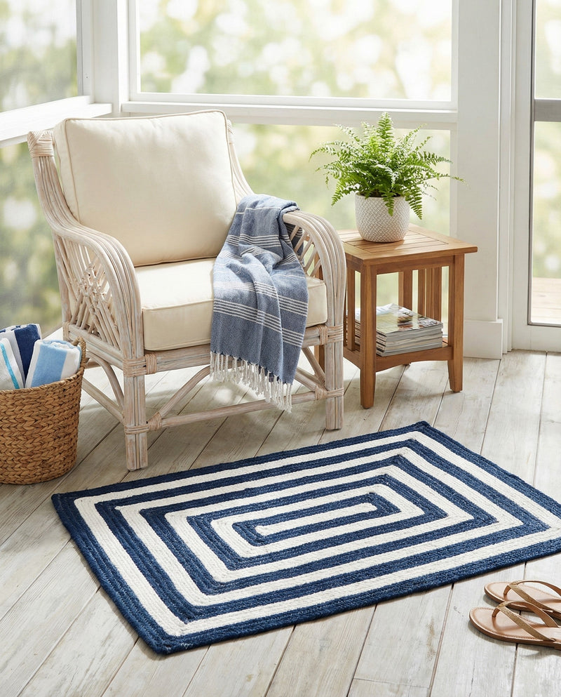 Sustainable Strands Indoor-Outdoor Oasis Collection Area Rug - Harborview Rectangle Navy Blue and White  lifestyle 21