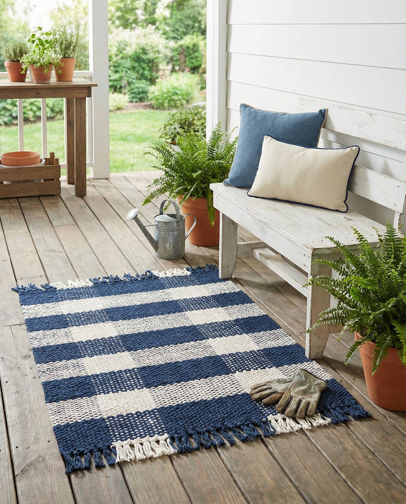 Sustainable Grid Indoor-Outdoor Oasis Collection Area Rug - Savannah Rectangle Navy Blue  lifestyle 38